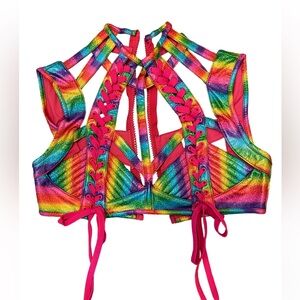 Dolls Kill NWT Club Exx Rude Awakening Harness Bra Top - Rainbow Glitter size L